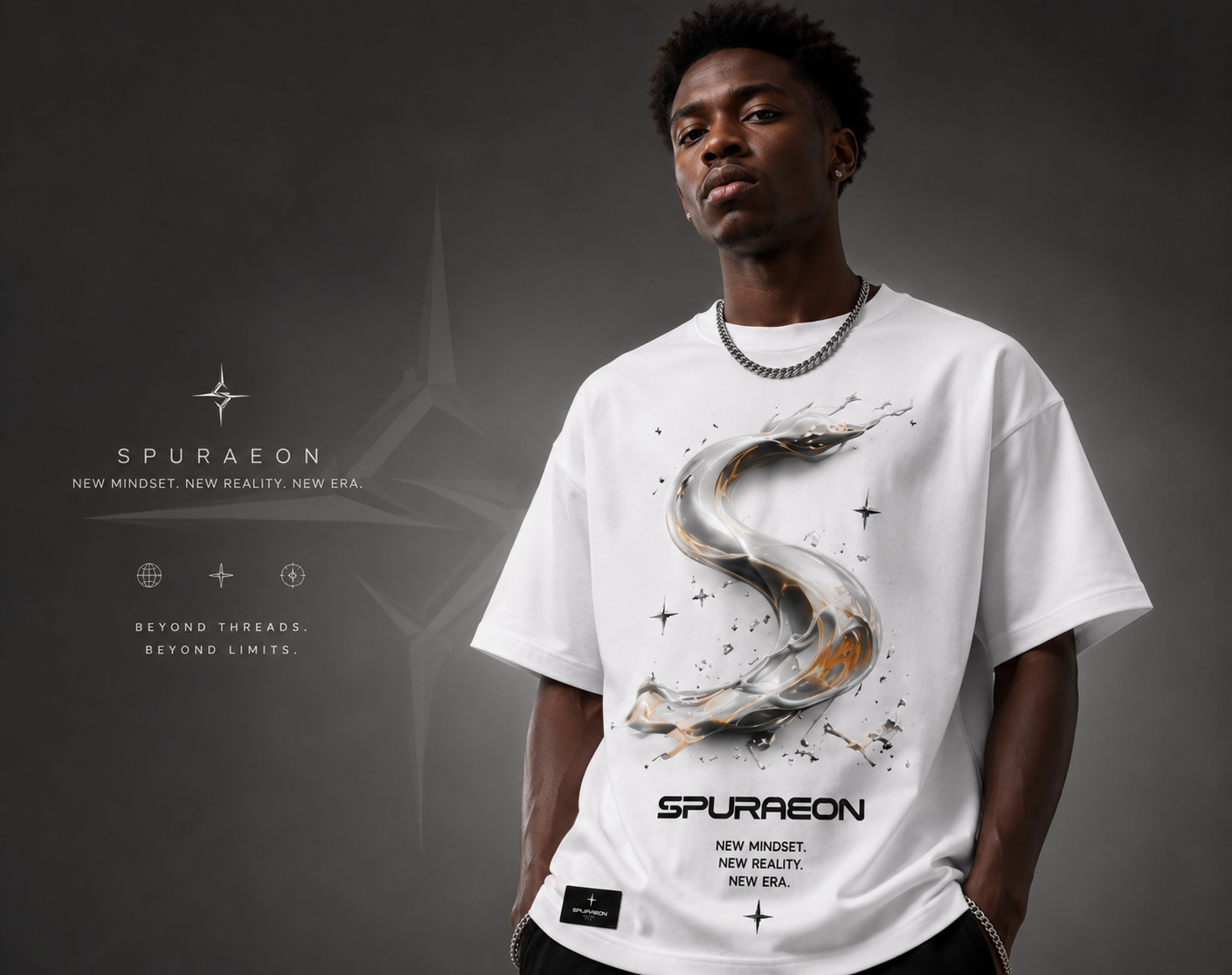 Spuraeon campaign — model wearing the signature oversized tee