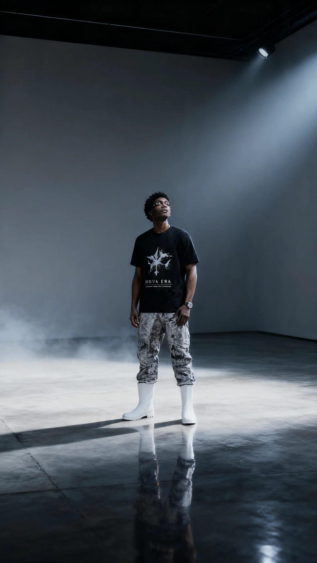 Model wearing the Nova Era tee in a spotlit studio