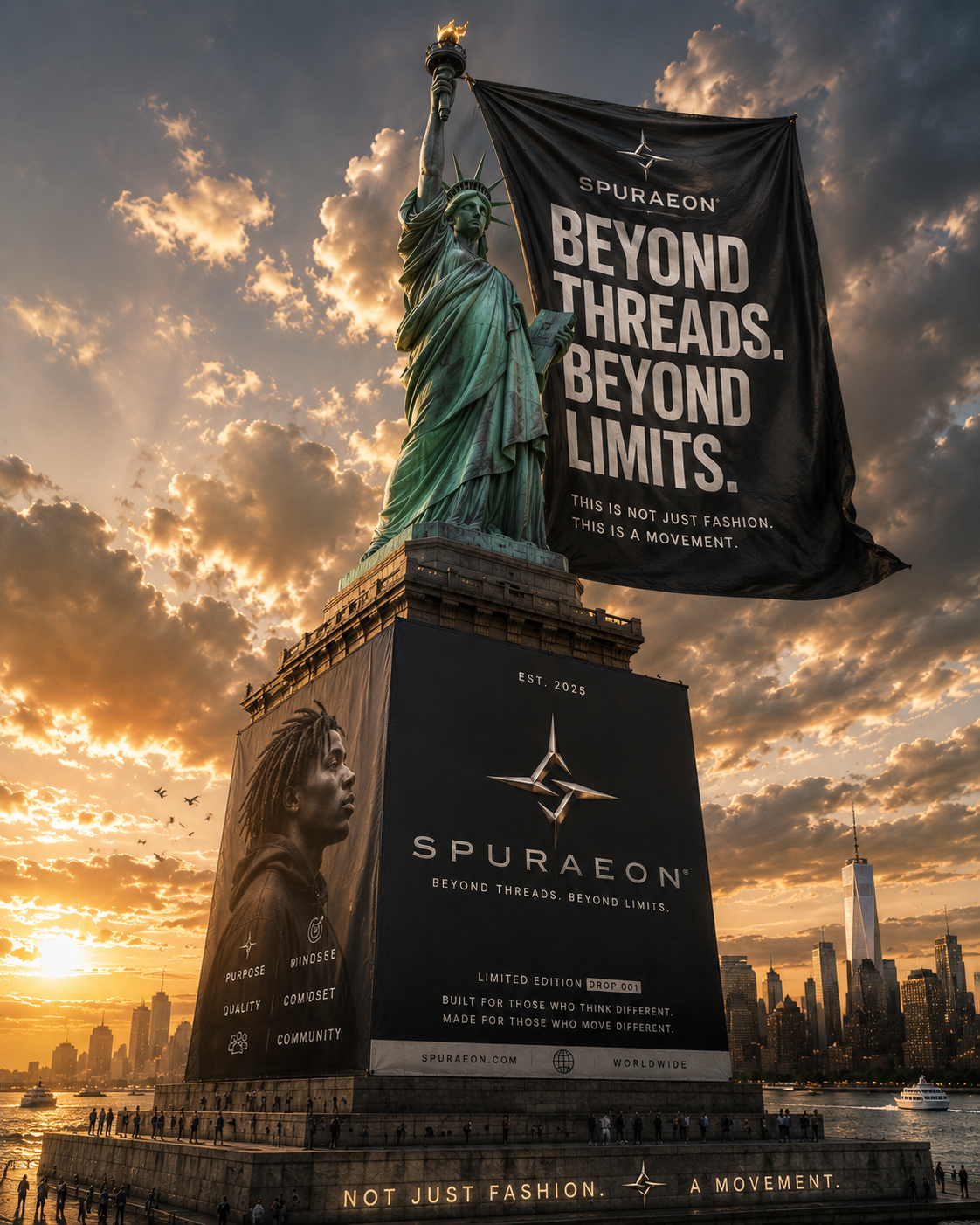 Spuraeon Drop 001 campaign wrap — Beyond Threads. Beyond Limits. over the New York harbour